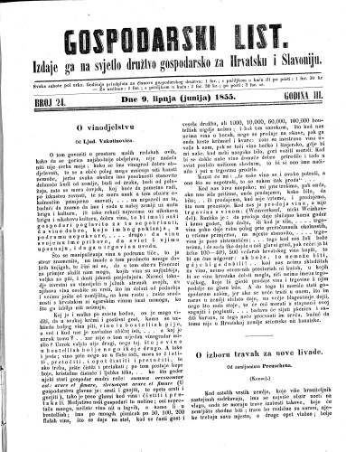 Gospodarski list : 3,24(1855) / odgovorni urednik Lj. Vukotinović.