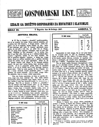 Gospodarski list : 5,20(1857) / odgovorni urednik Lj. Vukotinović.