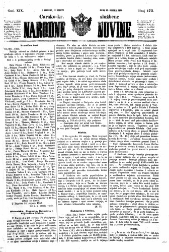 Carsko-kr. službene narodne novine : 19,173(1853) / učrednik Dr. Ljudevit Gaj.