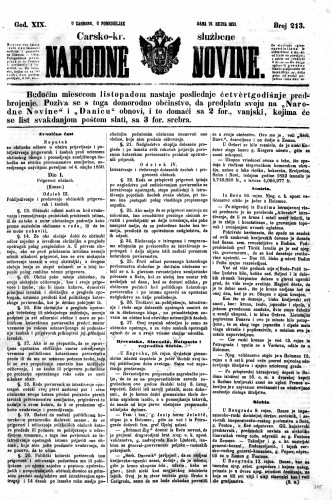 Carsko-kr. službene narodne novine : 19,213(1853) / učrednik Dr. Ljudevit Gaj.
