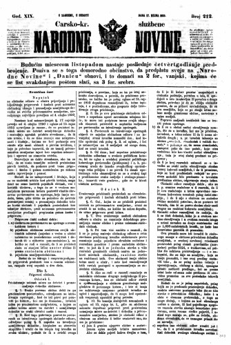 Carsko-kr. službene narodne novine : 19,212(1853) / učrednik Dr. Ljudevit Gaj.