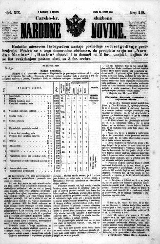 Carsko-kr. službene narodne novine : 19,218(1853) / učrednik Dr. Ljudevit Gaj.