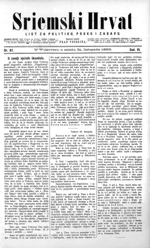 Sriemski Hrvat : list za politiku, pouku i zabavu : 6,87(1883) / odgovorni urednik Fran Večerina.