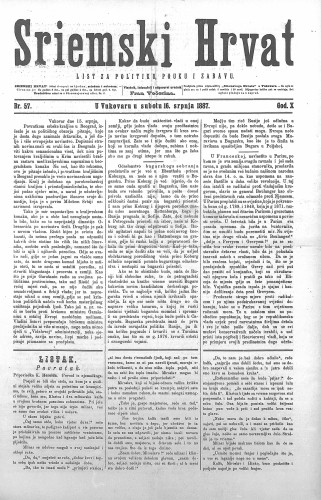 Sriemski Hrvat : list za politiku, pouku i zabavu : 10,57(1887) / odgovorni urednik Fran Večerina.