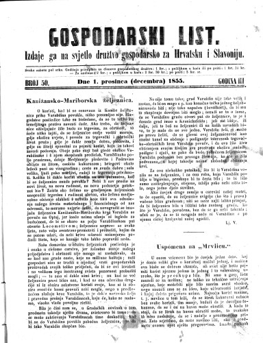 Gospodarski list : 3,50(1855) / odgovorni urednik Lj. Vukotinović.