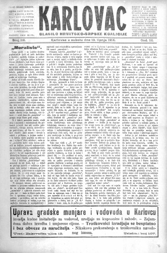 Karlovac : glasilo Hrvatsko-srpske koalicije : 3,116(1914) / odgovorni urednik Ivo Badovinac.