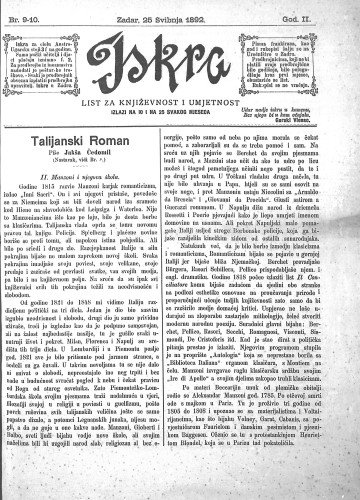 Iskra : list za književnost i umjetnost : 2,9-10(1892) / odgovorni urednik Nikola Šimić.