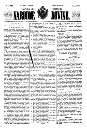 Carsko-kr. službene narodne novine : 19,108(1853) / učrednik Dr. Ljudevit Gaj.