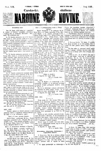 Carsko-kr. službene narodne novine : 19,140(1853) / učrednik Dr. Ljudevit Gaj.