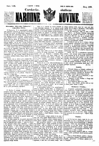 Carsko-kr. službene narodne novine : 19,160(1853) / učrednik Dr. Ljudevit Gaj.