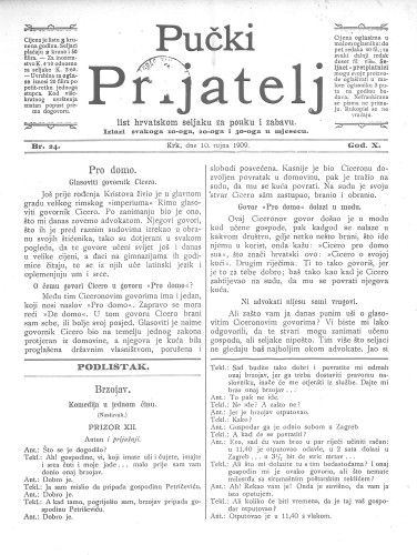 Pučki prijatelj : list hrvatskom seljaku za pouku i zabavu : 10,24(1909) / za uredništvo odgovara Miho Brusić.