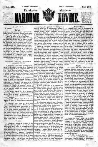 Carsko-kr. službene narodne novine : 19,234(1853) / učrednik Dr. Ljudevit Gaj.
