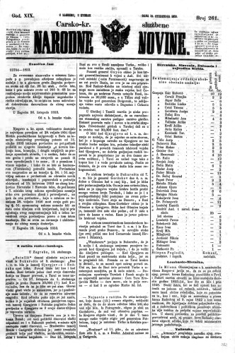 Carsko-kr. službene narodne novine : 19,261(1853) / učrednik Dr. Ljudevit Gaj.