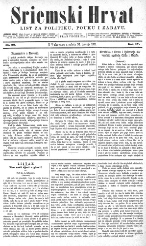 Sriemski Hrvat : list za politiku, pouku i zabavu : 4,22(1881) / odgovorni urednik Fran Večerina.