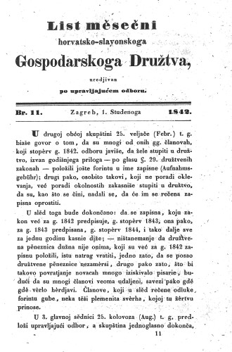 List mesečni Horvatsko-slavonskoga gospodarskoga družtva : 1,11(1842) / uredjivan po upravljajućem odboru.