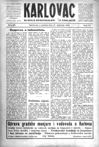Karlovac : glasilo Hrvatsko-srpske koalicije : 3,95(1914) / odgovorni urednik Ivo Badovinac.