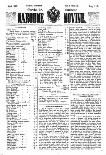 Carsko-kr. službene narodne novine : 19,113(1853) / učrednik Dr. Ljudevit Gaj.