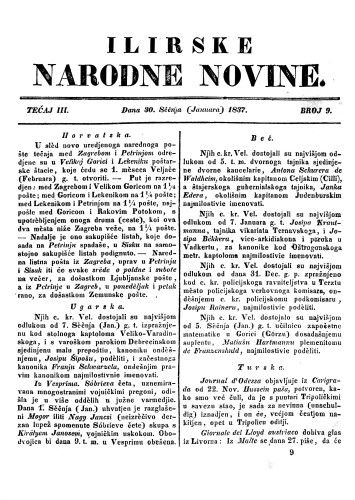 Ilirske narodne novine : 3,9(1837) / učrednik Ljudevit Gaj.