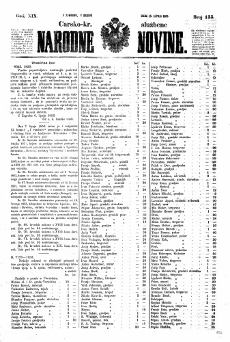 Carsko-kr. službene narodne novine : 19,135(1853) / učrednik Dr. Ljudevit Gaj.