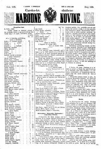 Carsko-kr. službene narodne novine : 19,133(1853) / učrednik Dr. Ljudevit Gaj.