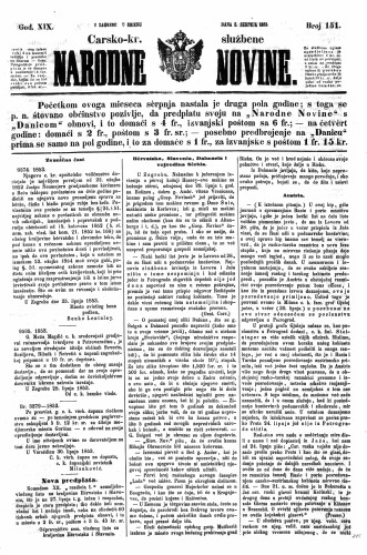Carsko-kr. službene narodne novine : 19,151(1853) / učrednik Dr. Ljudevit Gaj.