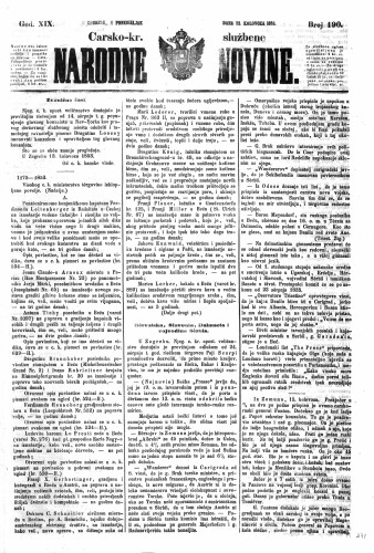 Carsko-kr. službene narodne novine : 19,190(1853) / učrednik Dr. Ljudevit Gaj.