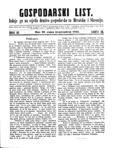 Gospodarski list : 3,40(1855) / odgovorni urednik Lj. Vukotinović.
