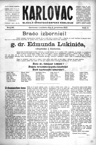 Karlovac : glasilo Hrvatsko-srpske koalicije : 2,90(1913) / odgovorni urednik Ivo Badovinac.