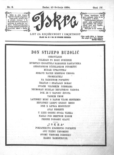 Iskra : list za književnost i umjetnost : 4,9(1894) / odgovorni urednik Nikola Šimić.