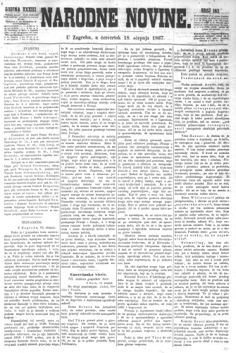 Narodne novine : 33,163(1867) / odgovorni urednik Ljudevit Gaj.