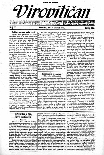 Virovitičan : list za politiku, javni i društveni život : 25,17(1923) / odgovorni urednik Ivan Dobravec-Plevnik.