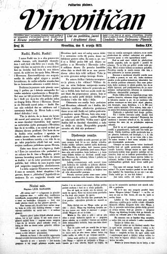 Virovitičan : list za politiku, javni i društveni život : 25,31(1923) / odgovorni urednik Ivan Dobravec-Plevnik.