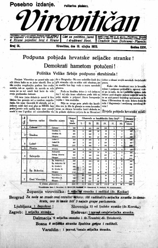 Virovitičan : list za politiku, javni i društveni život : 25,14(1923) / odgovorni urednik Ivan Dobravec-Plevnik.