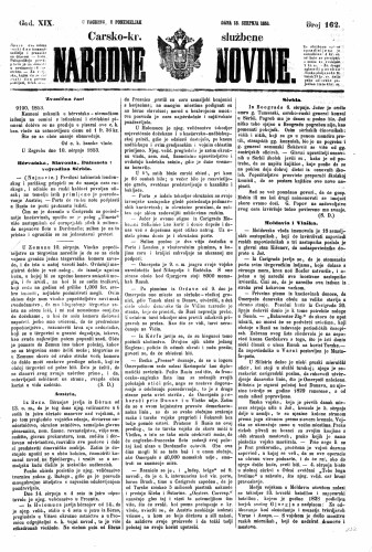 Carsko-kr. službene narodne novine : 19,162(1853) / učrednik Dr. Ljudevit Gaj.