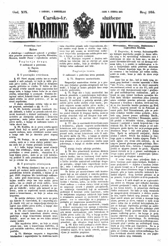 Carsko-kr. službene narodne novine : 19,105(1853) / učrednik Dr. Ljudevit Gaj.