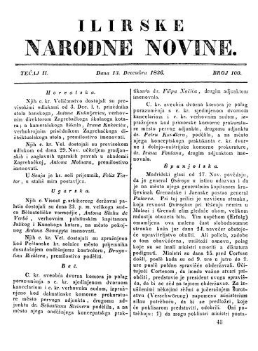 Ilirske narodne novine : 2,100(1836) / redaktor Ljudevit Gay.