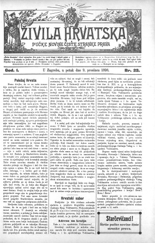 Živila Hrvatska : pučke novine čiste stranke prava : 1,23(1898) / odgovorni urednik Josip Zoček.