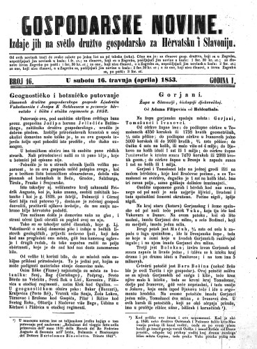 Gospodarske novine : izdaje jih na svetlo družtvo gospodarsko za Hervatsku i Slavoniju : 1,16(1853) / odgovorni urednik Dragutin Rakovec.