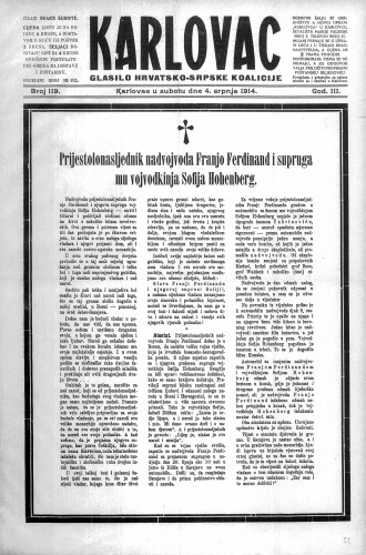 Karlovac : glasilo Hrvatsko-srpske koalicije : 3,119(1914) / odgovorni urednik Ivo Badovinac.