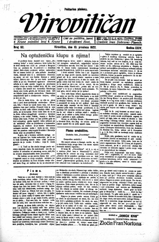 Virovitičan : list za politiku, javni i društveni život : 24,52(1922) / odgovorni urednik Ivan Dobravec-Plevnik.