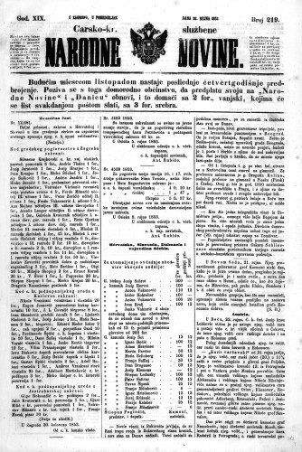 Carsko-kr. službene narodne novine : 19,219(1853) / učrednik Dr. Ljudevit Gaj.