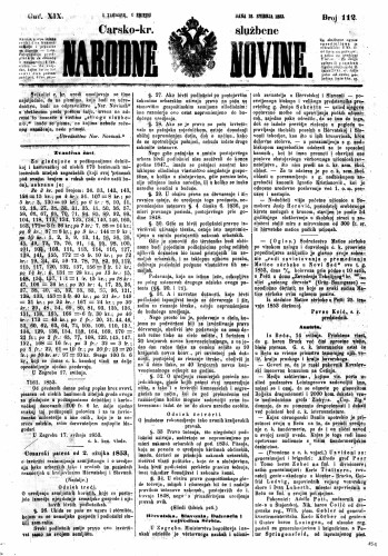 Carsko-kr. službene narodne novine : 19,112(1853) / učrednik Dr. Ljudevit Gaj.