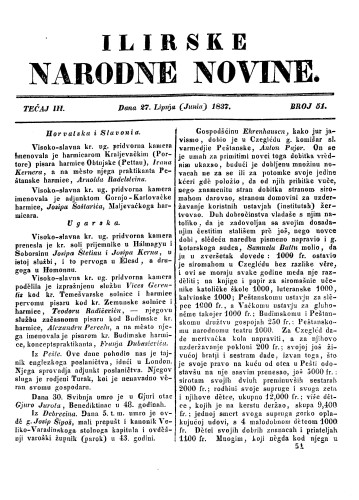 Ilirske narodne novine : 3,51(1837) / učrednik Ljudevit Gaj.