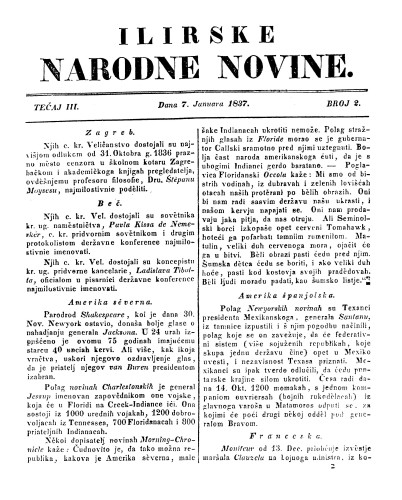 Ilirske narodne novine : 3,2(1837) / učrednik Ljudevit Gaj.