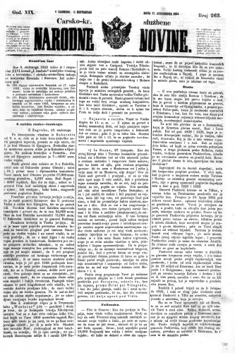 Carsko-kr. službene narodne novine : 19,263(1853) / učrednik Dr. Ljudevit Gaj.