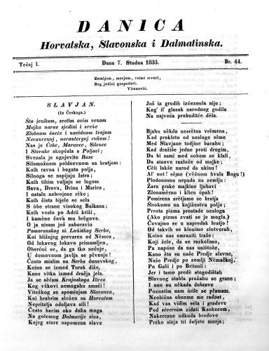 Danica horvatska, slavonska i dalmatinska : 1,44(1835) / redaktor Ljudevit Gaj.