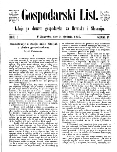 Gospodarski list : 4,1(1856) / odgovorni urednik Lj. Vukotinović.