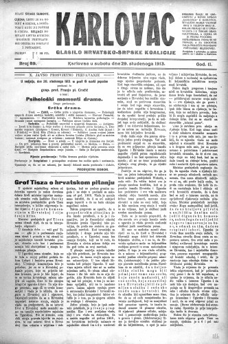 Karlovac : glasilo Hrvatsko-srpske koalicije : 2,89(1913) / odgovorni urednik Ivo Badovinac.