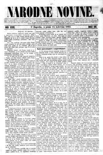 Narodne novine : 29,185(1863) / odgovorni urednik Ljudevit Gaj.