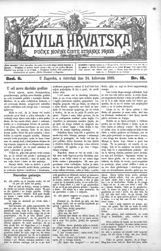 Živila Hrvatska : pučke novine čiste stranke prava : 2,16(1899) / odgovorni urednik Josip Zoček.